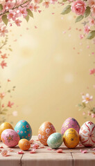 vertical mobile seasonal banner background with colorfull hand painted easter eggs on a table  