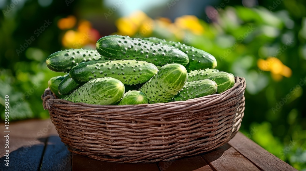Poster basket full of cucumbers sits on a wooden table. the cucumbers are green and have a bumpy texture
