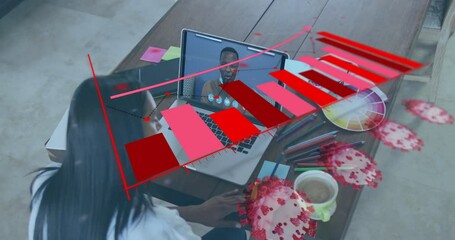 Businesswoman in virtual meeting with declining graph and virus animation overlay - Powered by Adobe