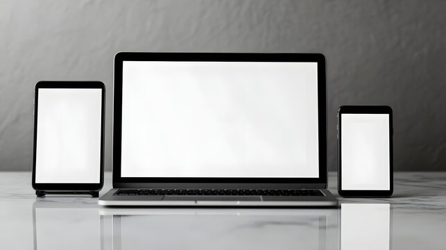 Digital devices in front of blank wall: Showcase of a collection of various digital screens, capturing a visual array of tech tools, all ready to display digital works. 