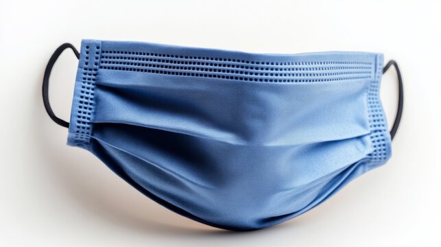 Blue surgical mask is shown with its straps removed. The mask is made of plastic and is blue in color