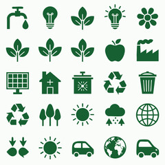 A collection of vibrant green icons representing various eco-friendly concepts