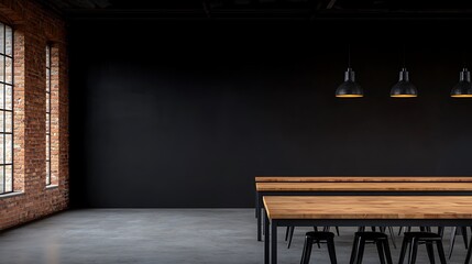 Obraz premium Industrial Interior Design: Exposed Brick Wall, Wooden Tables, Minimalist Lighting, and Concrete Floor for a Spacious Workspace.