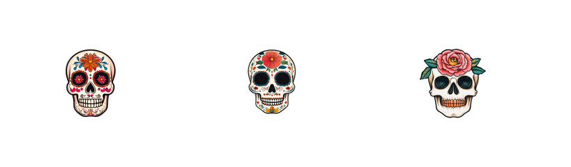 Sugar skulls with flowers, traditional decoration, Mexican holiday, cut out transparent