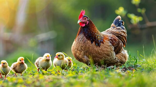 hen with chicks on the background of nature