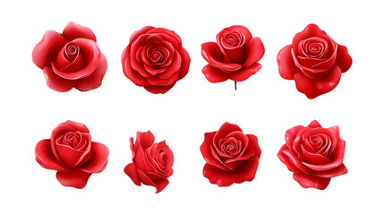 Pack Red Rose Set in Different Poses Against Transparent Background for Floral Art, Romantic Illustrations, or Wedding Designs