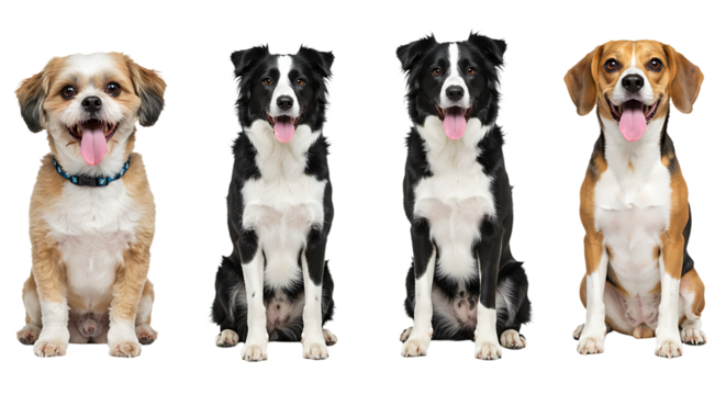 Group of Different Dogs Sitting on White Background