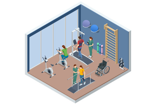 Isometric vector illustration of a rehabilitation therapy room with treadmills, bikes, parallel bars, patients and therapists. Physical therapy and healthcare concept. Athletic lifestyle, sports