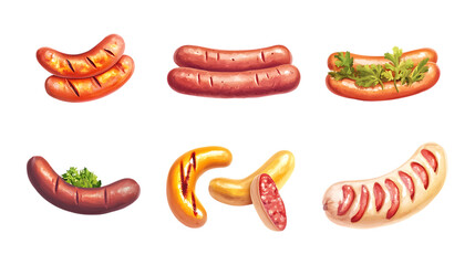 Pack Sausages Set in Different Poses Against Transparent Background for Butchery Branding, Food Packaging, or Culinary Design
