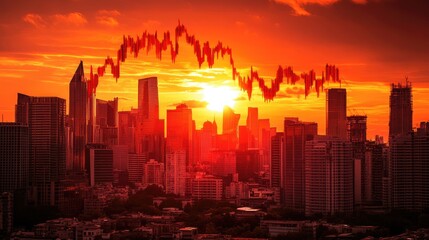 Obraz premium Red market downtrend over city skyline at sunset