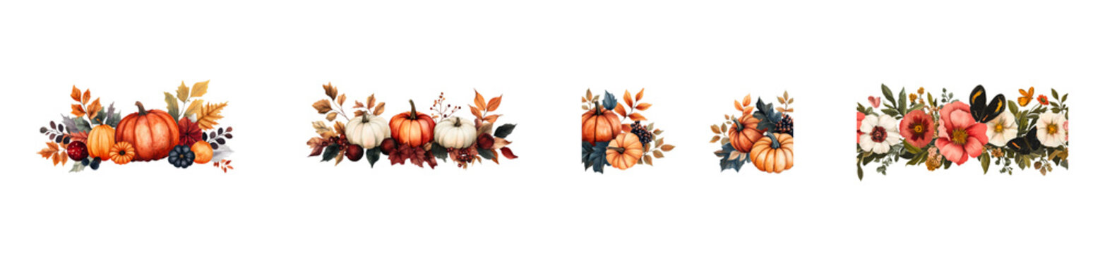 Autumnal pumpkin floral borders with fall foliage and flowers, cut out transparent