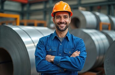 Smiling worker portrait in galvanized steel factory. Man in blue uniform orange helmet, arms crossed. Happy engineer, metal coils background. Steel production, heavy industry job.