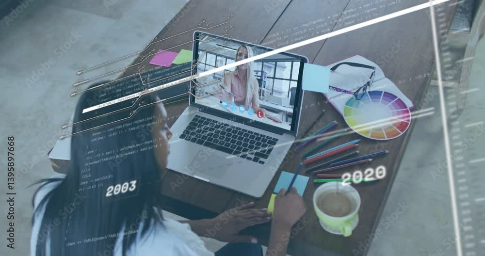 Aufkleber woman working on laptop with video call and data processing animation overlay