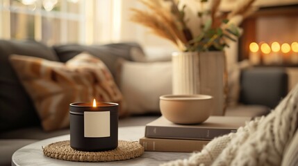 Black candle burning on wicker coaster, featuring unlabeled design within warm living room setting