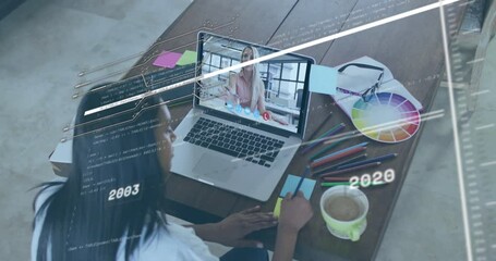 Woman working on laptop with video call and data processing animation overlay - Powered by Adobe