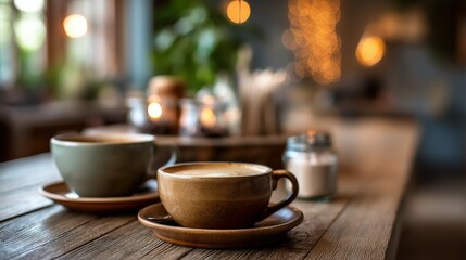 Fototapeta premium Warm beverages and cozy ambiance create peaceful moments in a cafe