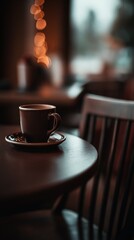 Fototapeta premium Warm coffee cup on a wooden table in a cozy interior setting