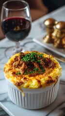 Escondidinho de Carne. Gourmet Dish: A close-up of a savory meal with shredded meat and herbs, served with a glass of red wine for a dining experience.