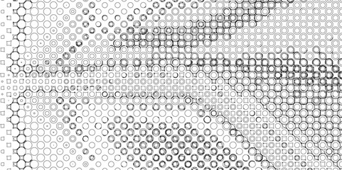 Black spots and dotted shape geometric pattern marks on white background, abstract texture of old background distorted stroke trendy design defect distressed effect halftone dots screen texture.