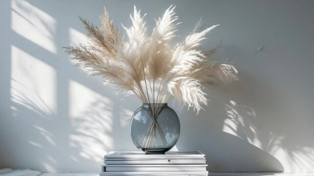 Still life composition with white dry lagurus flowers in a gray glass vase atop a stack of white magazines set against a light backdrop. Frontal perspective.
