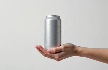 Hand holding silver aluminium drink with water drops mockup. Cold refreshment concept. Mock up template, product advertising presentation design. Cold drink, beverage, water condensation. Empty space