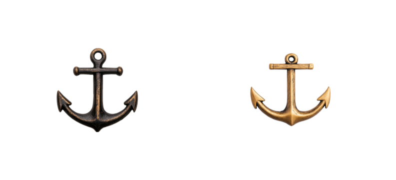 Pair of anchors, marine symbols. Bronze and golden finish, cut out transparent
