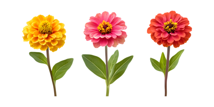 Pack Zinnia Set in Different Poses Against Transparent Background for Floral Art, Botanical Illustrations, or Garden Design Projects