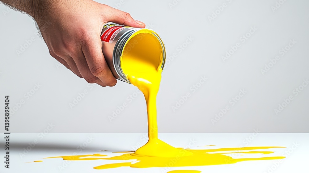 Poster person is pouring yellow paint from a can onto a white surface. the paint is dripping and splatterin