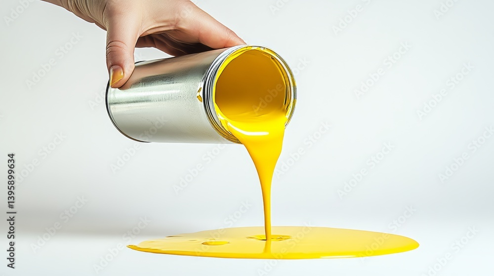 Poster hand is pouring yellow paint from a can onto a white surface. the paint is flowing out of the can an