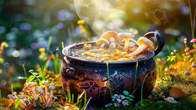 mushroom soup is cooked against the background of nature