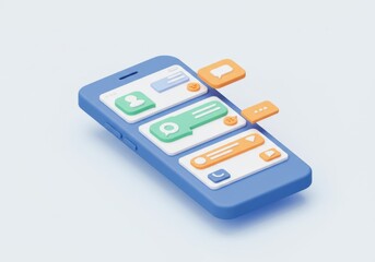 Blue phone displaying various application interfaces