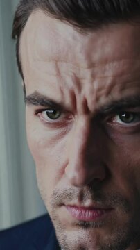 Intense close-up of a man showing deep emotions and contemplation in a high-stakes moment