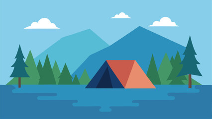Tranquil Forest Lake with Tent at Sunrise Vector