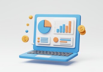 Laptop displaying financial data and gold coins isolated on white background