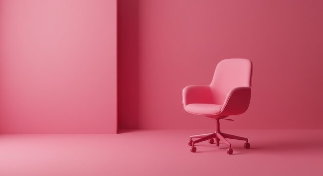A minimalist pink room featuring a modern office chair in a monochromatic setting with soft lighting effects