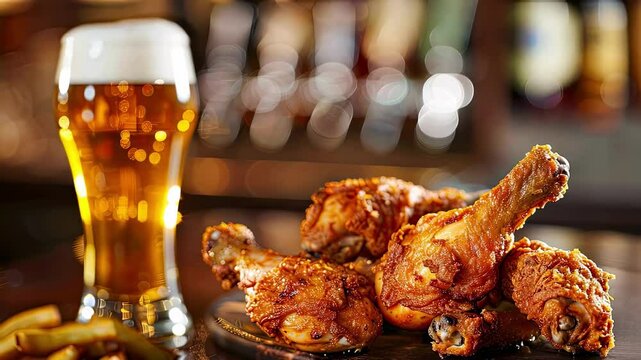 beer and fried chicken legs close-up