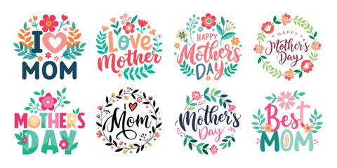 Happy Mothers Day Calligraphy Text Set Vector Illustration with Floral Decoration  
