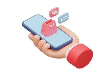 Hand holding phone with shopping bag and discount icons