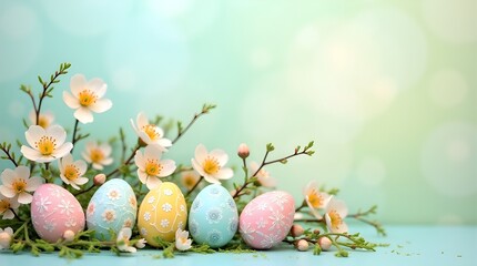 Decorative Easter eggs and springtime flowers for seasonal themes set against a pastel backdrop