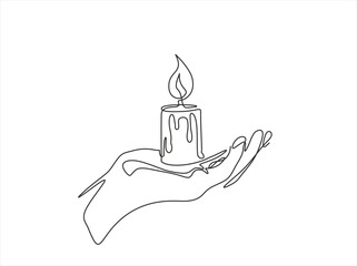 Continuous line drawn human hand hold candle flame. Memorial linear symbol. Vector illustration isolated on white. Editable stroke.	