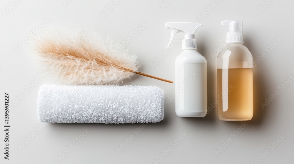 Poster white towel is on a table with two bottles of cleaning products and a feather. concept of cleanlines