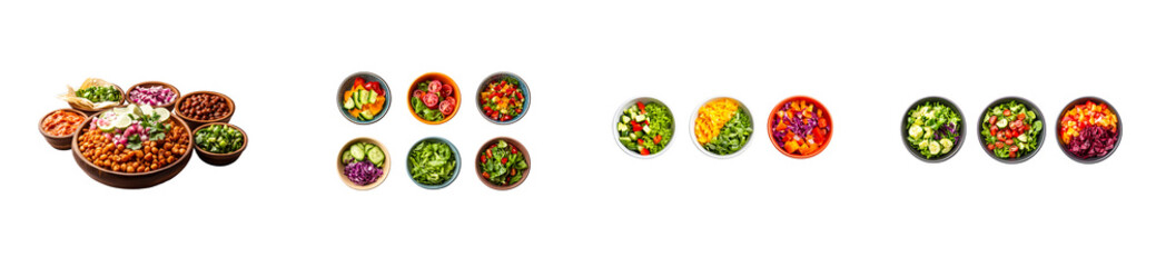 Variety of Colorful Salad Bowls and Snacks on Black, cut out transparent