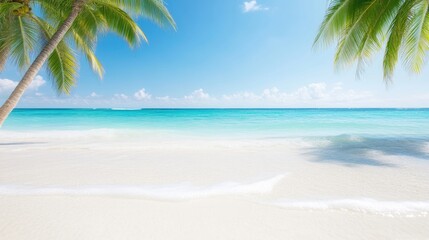 Tropical Beach Palm Trees Vivid Landscape High-Resolution Wide Angle Soft Sand Serenity Vacation Idyllic Paradise Bright Turquoise Perfect for Travel Brochures