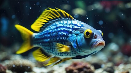 Fototapeta premium A vibrant blue fish with distinctive yellow spots and a yellow-fringed fin is shown in close-up.