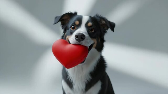 Funny close-up of a cute puppy holding a red heart in its mouth, against a white backdrop, showcasing a charming dog in love presenting a gift.