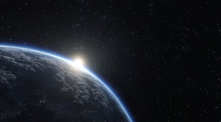 Obraz premium Sunrise over a distant icy planet, viewed from space.