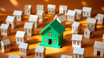 Various small wooden homes. Real estate concept. Choose affordable living spaces. Buying and selling properties. Market evaluation. Housing needs. Changing property values. Demographics.