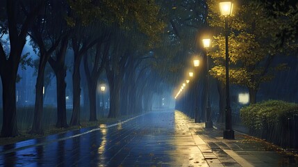 Rainy night stroll through a tree-lined avenue