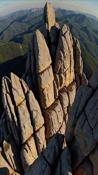 Majestic rock formations rise above the green landscape in remote mountain range