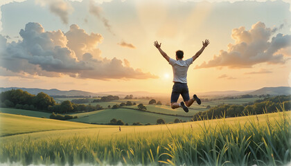 Joyful young man jumping with raised arms in a beautiful sunset landscape